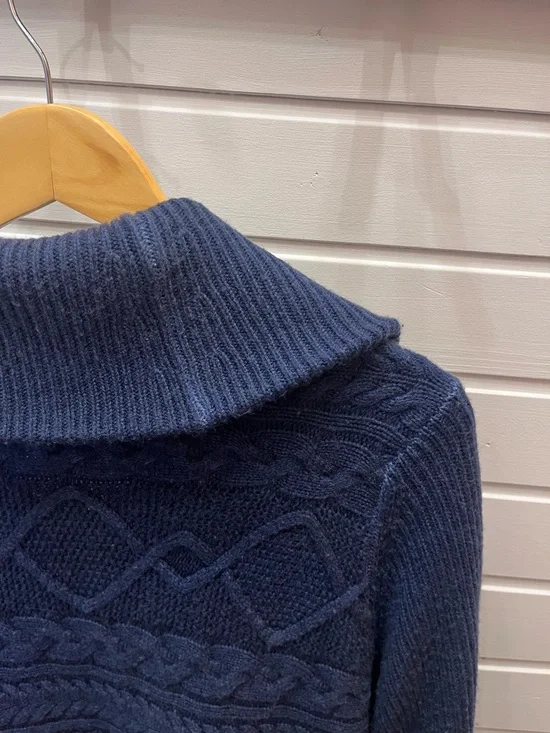 Nordstrom Collection Navy Cable Knit Cardigan Size L Sailor Collar Button-Up - Picture 7 of 7